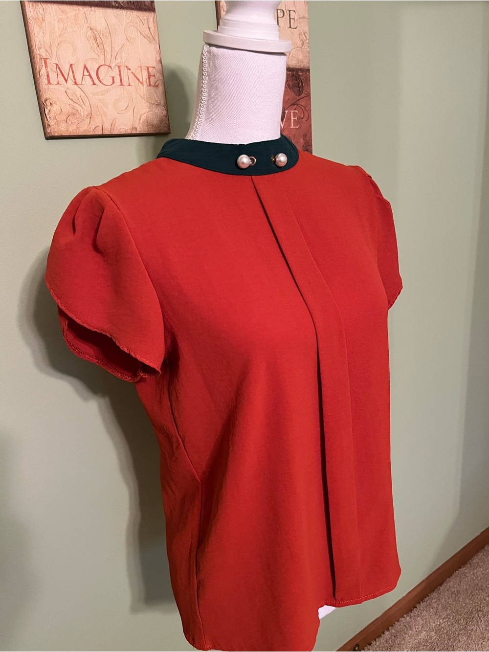 Dark Orange Cap Sleeved Blouse with Unique Collar Detail - Size M